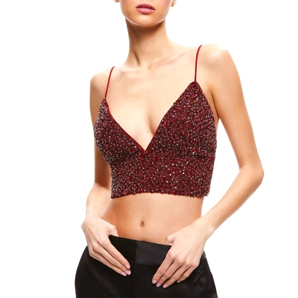 Alice + Olivia Bordeaux Red Crystal Embellished Crop Top With Smocked Ba… - Picture 5 of 16